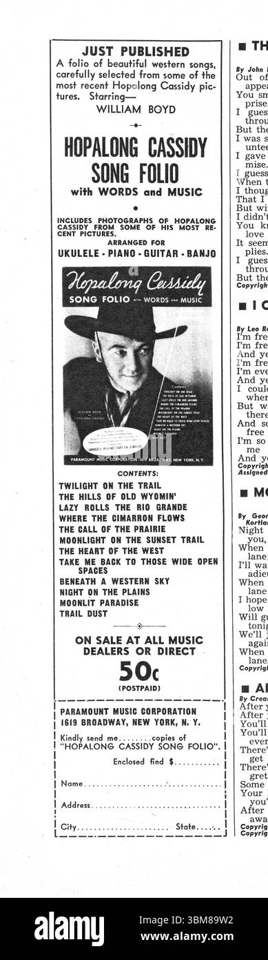 Un annuncio di una rivista musicale del 1940 per la nuova Hopalong Cassidy Song Folio contenente canzoni occidentali tratte dai recenti film di Hoppy Foto Stock