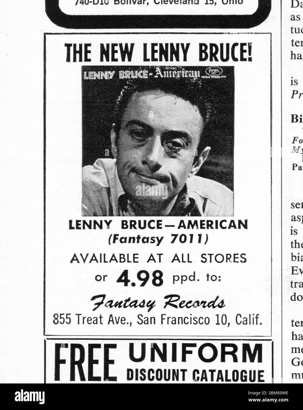 Una pubblicità in una rivista dei primi anni '1960 per il nuovo LP comico di Lenny Bruce sull'etichetta Fantasy Records. Foto Stock
