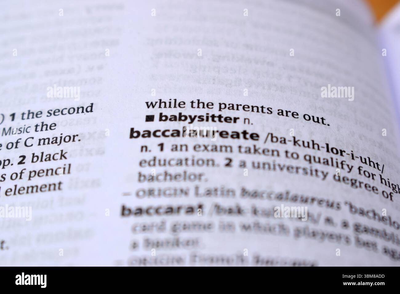 Dizionario di definizione inglese pagina di parola stampata - immagine ravvicinata babysitter Foto Stock