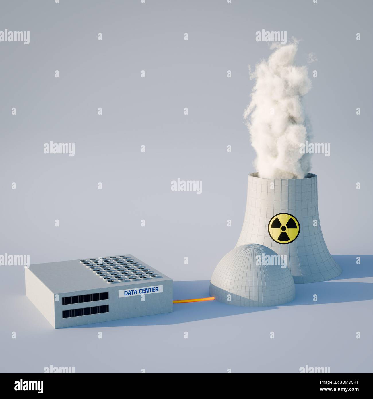 Concetto: Enorme consumo energetico dei moderni data center per i calcoli di intelligenza artificiale. Un centro dati e una centrale nucleare adiacente direttamente collegata a TH Foto Stock