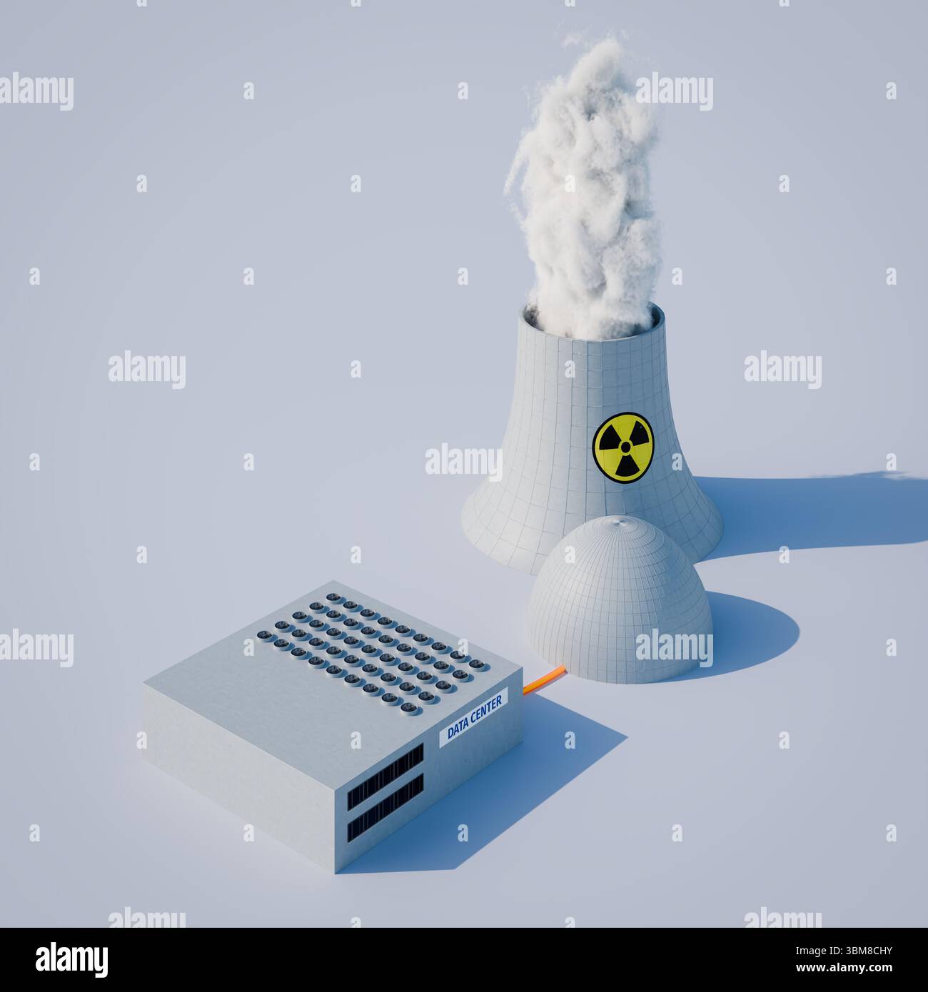 Concetto: Enorme consumo energetico dei moderni data center per i calcoli di intelligenza artificiale. Un centro dati e una centrale nucleare adiacente direttamente collegata a TH Foto Stock