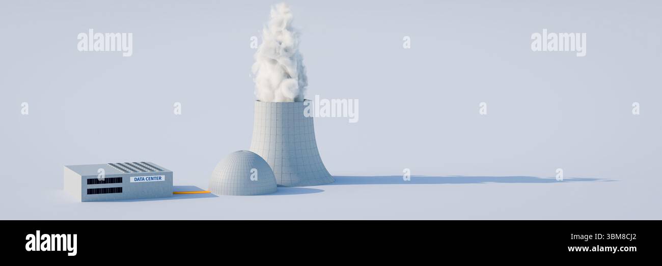 Concetto: Enorme consumo energetico dei moderni data center per i calcoli di intelligenza artificiale. Un centro dati e una centrale nucleare adiacente direttamente collegata a TH Foto Stock