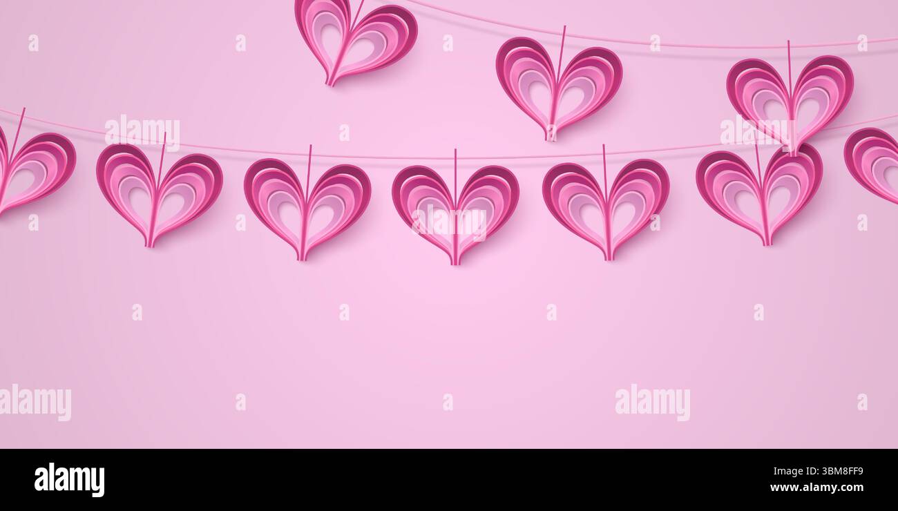 ghirlande con cuore di carta rosa appeso al cordoncino - decorazioni con aperture a strati con sfumature sfumate su uno striscione romantico per festeggiare san valentino. Realistici ornamenti d'amore natalizi su sfondo pastello. Illustrazione Vettoriale
