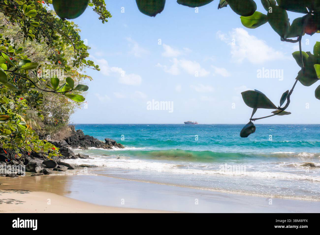 Spiaggia idilliaca incorniciata da foglie verdi vibranti, costa rocciosa, mare turchese e una barca lontana all'orizzonte. Isola di Tobago, mare dei Caraibi. Copia Foto Stock