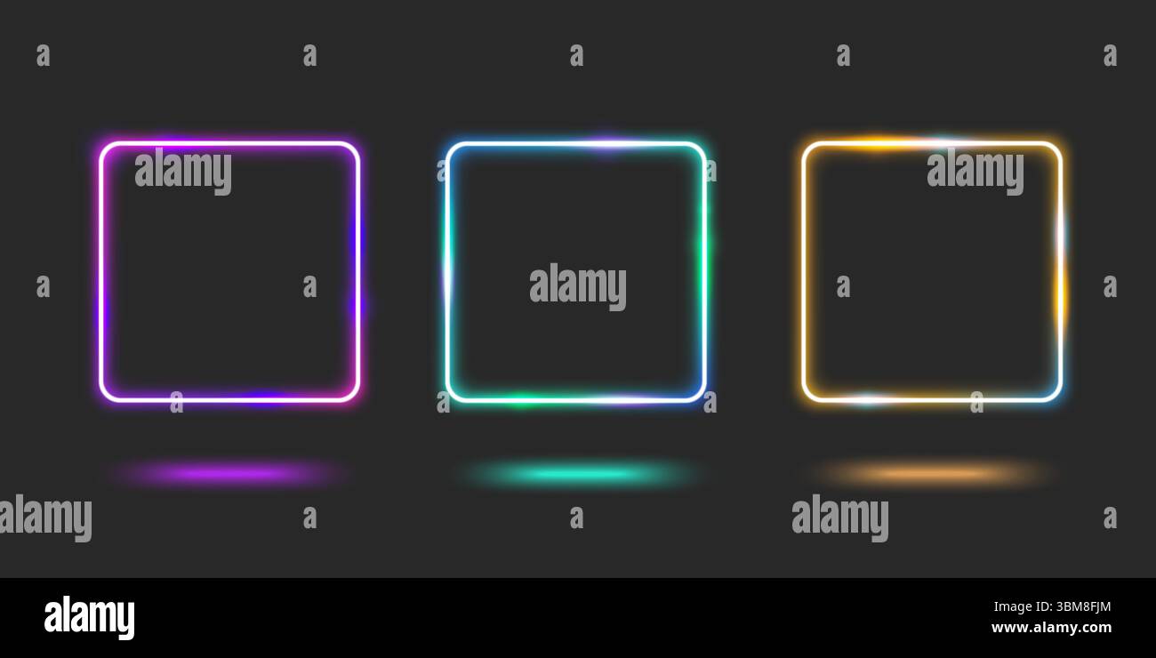 Cornice quadrata al neon illuminata su sfondo scuro - bordi sfumati viola, verde e giallo con effetti riflessi per un design futuristico. Scatola luminosa elettrica con angoli arrotondati per un'interfaccia moderna Illustrazione Vettoriale