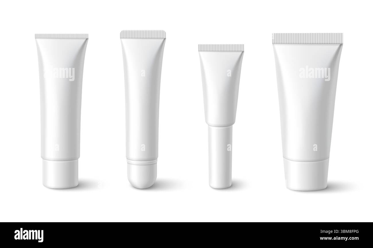 Raccolta di provette con crema alle labbra bianche in diverse misure e stili di tappi per modelli di confezionamento cosmetico. Contenitori in plastica per design professionali di prodotti di bellezza - balsamo, lucida e idratante. Illustrazione Vettoriale
