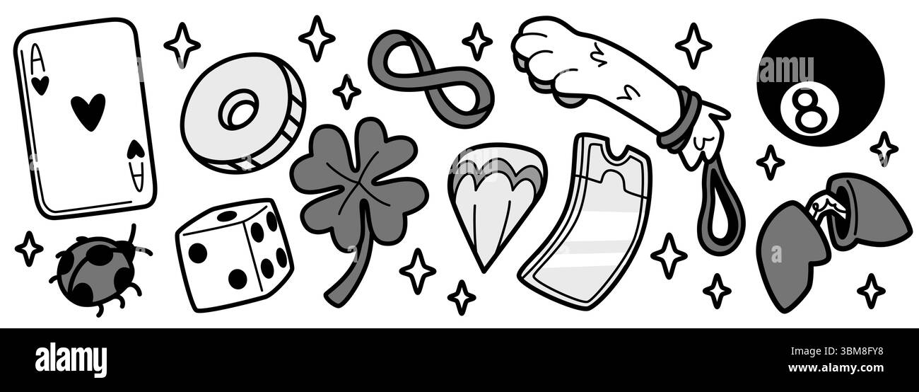 Giocosa collezione di doodle Lucky Charm con carta d'asso, moneta e dadi, trifoglio e biglietto, simbolo infinito, palla da otto e piede di coniglio su bg bianco. Stravaganti icone della fortuna per auguri di buona fortuna. Illustrazione Vettoriale