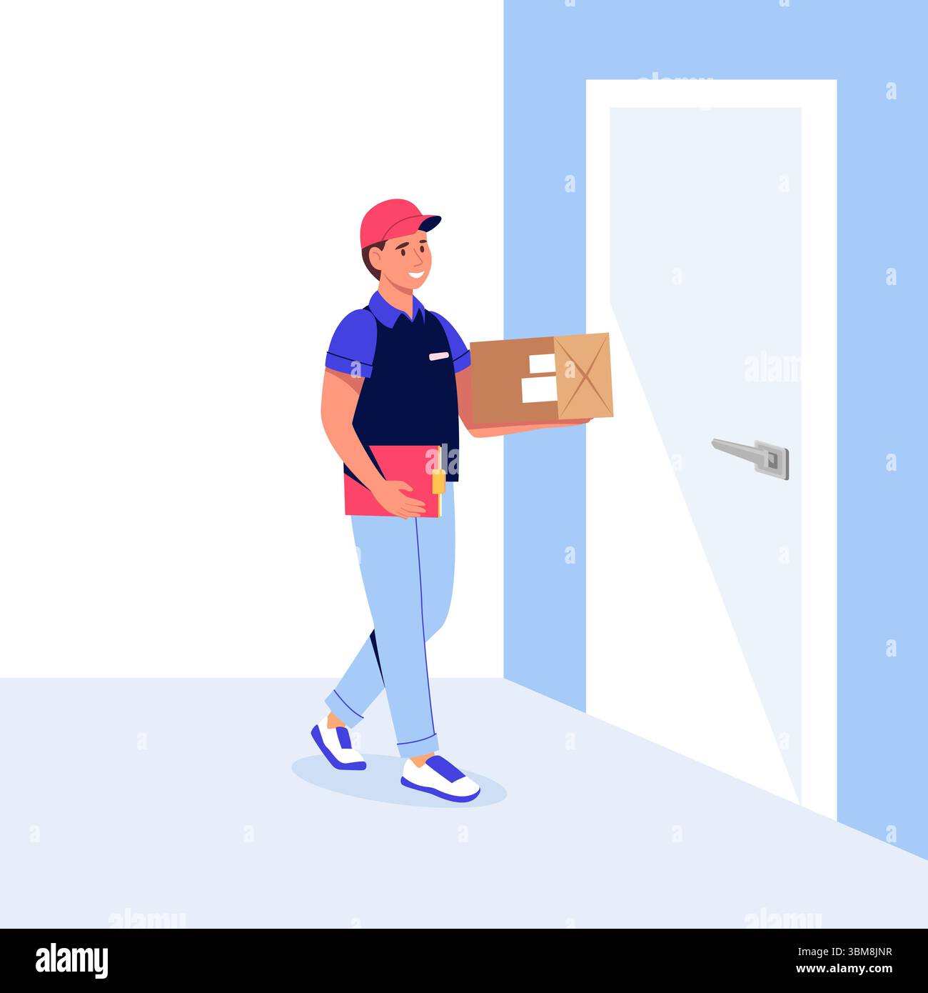 Il corriere consegna il pacco alla porta anteriore. Illustrazione di un cartone animato piatto vettoriale che illustra il servizio di consegna a domicilio, la scatola di spedizione e la logistica senza contatto. Perfetto per Illustrazione Vettoriale