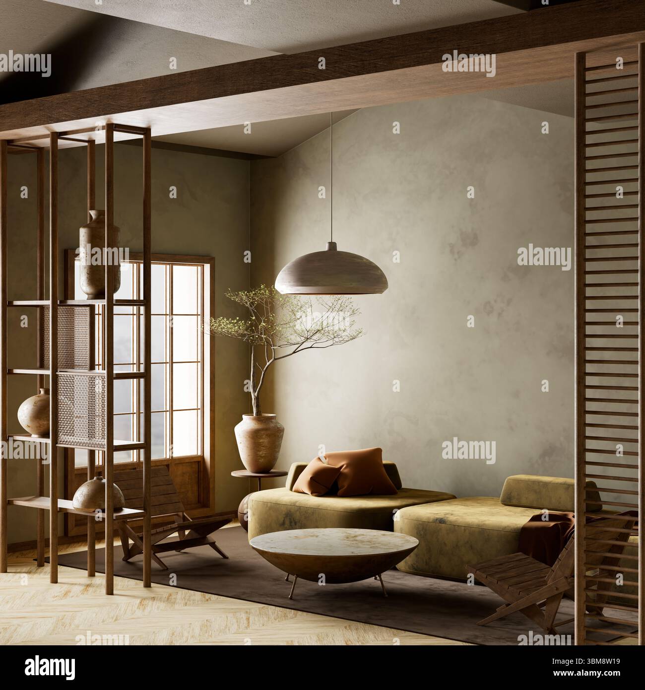 Uno spazio abitativo sereno e minimalista con toni terrosi, illuminazione soffusa e decor di ispirazione Giapponese caratterizzato da tessuti naturali, mobili bassi ed eleganti Foto Stock