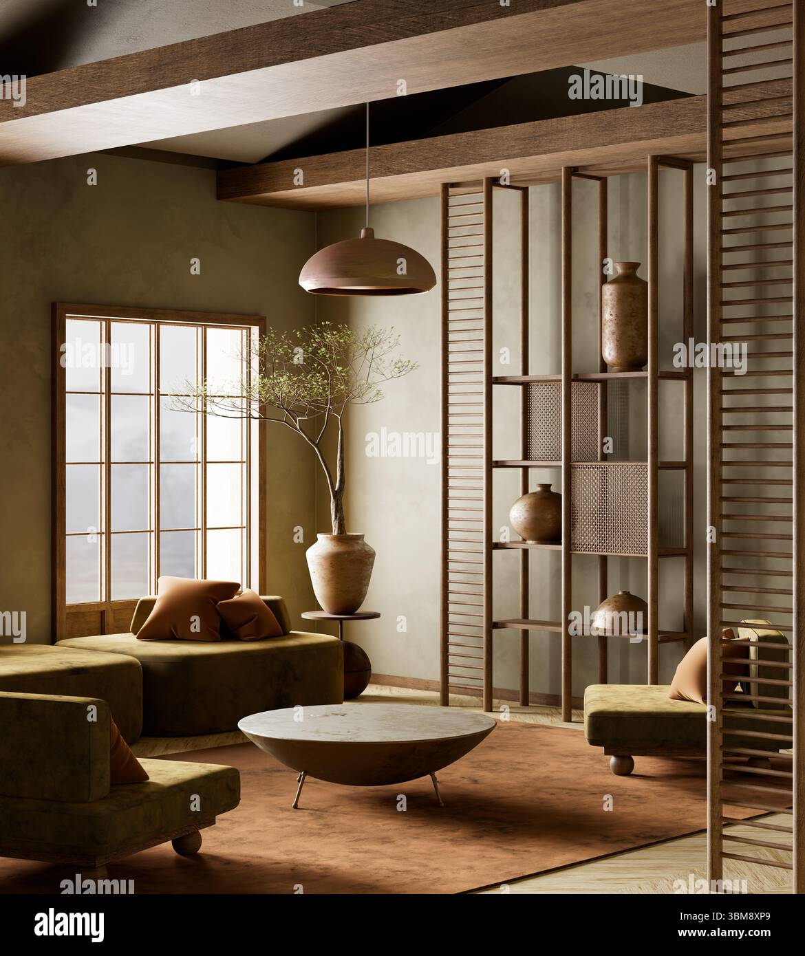 Uno spazio abitativo sereno e minimalista con toni terrosi, illuminazione soffusa e decor di ispirazione Giapponese caratterizzato da tessuti naturali, mobili bassi ed eleganti Foto Stock