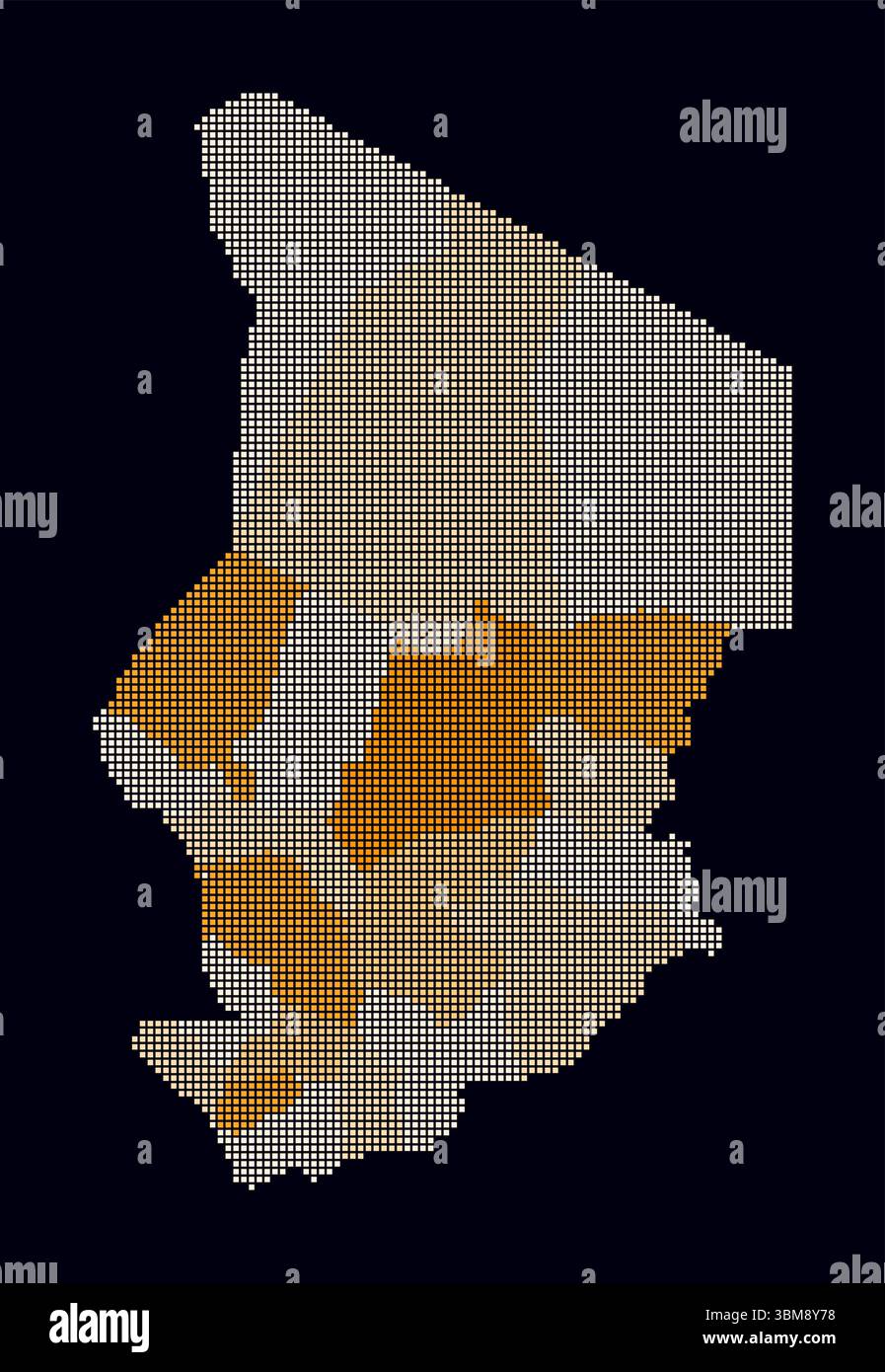 Cartina punteggiata in Ciad. Mappa digitale del paese su sfondo scuro. Forma cialda con punti quadrati. Stile puntini colorati. Quadrati di piccole dimensioni. Illustrazione Vettoriale