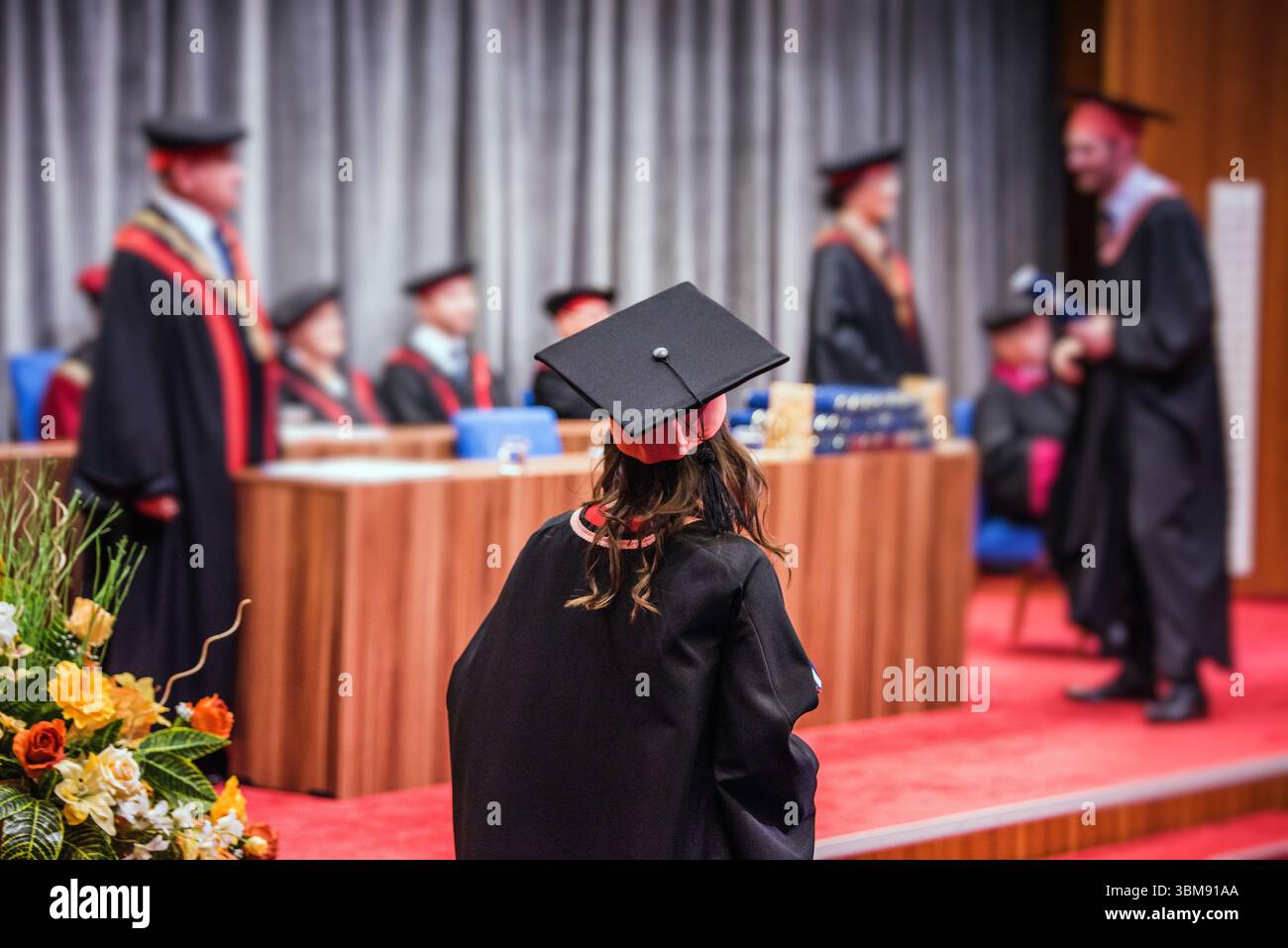 Vista posteriore di una donna laureata che cammina sul palco per ricevere il diploma durante una cerimonia di laurea. Indossa un tradizionale abito da laurea e. Foto Stock