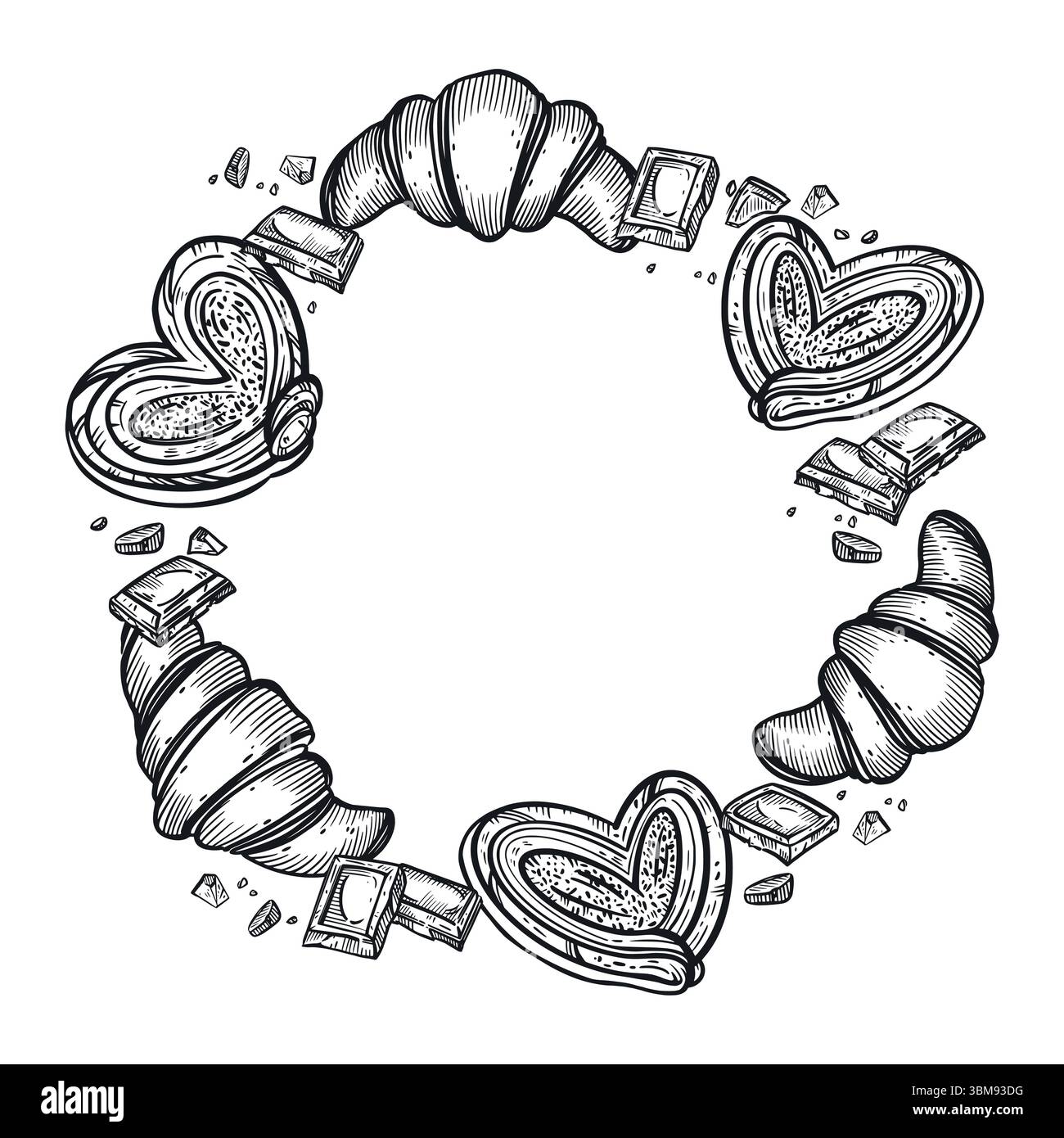 Una corona di panini dolci, croissant, cioccolato. Tutti gli oggetti sono disegnati a mano in vettore. L'illustrazione è adatta per la stampa su confezioni di alimenti, menu Illustrazione Vettoriale