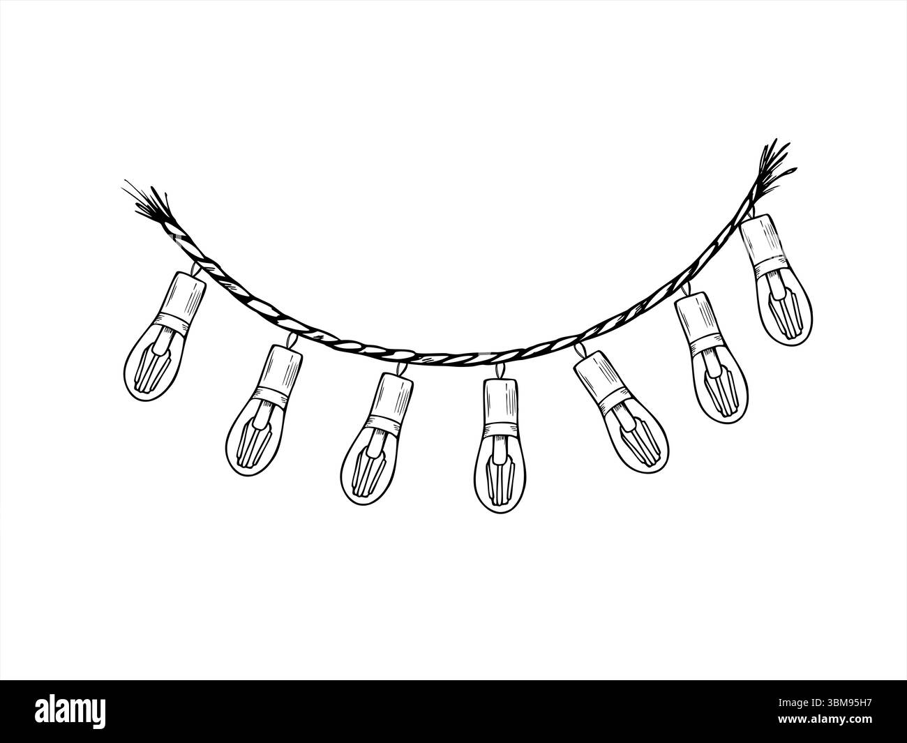 Lampadina in vetro monocromatico garland appesa a un'illustrazione vettoriale a corde dipinta con inchiostri neri. Natale, Diwali, arredamento per il festival cinese New Yea. Illustrazione Vettoriale