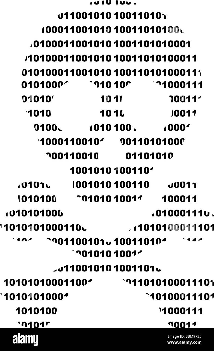 illustrazione vettoriale icona nera forma scheletrica cranio con ossa incrociate, numeri 0 e 1 di sistema binario, nel concetto di hacker e computer o techno Illustrazione Vettoriale