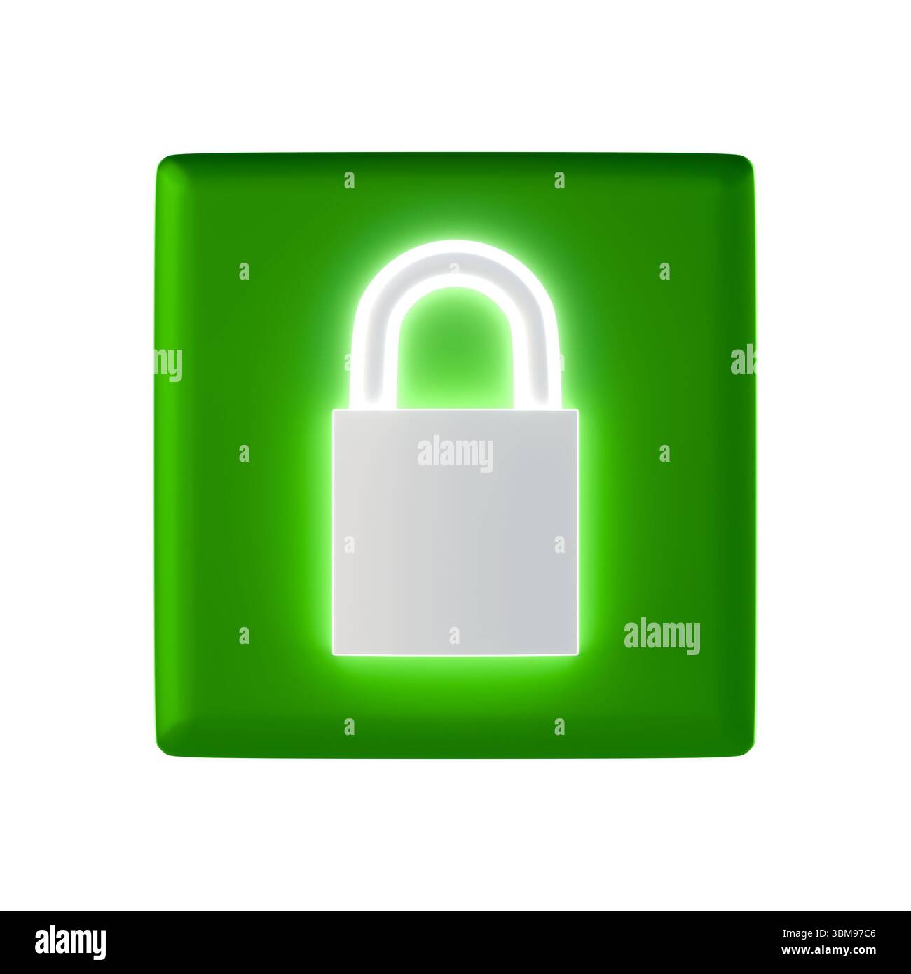 Un lucchetto bianco luminoso su sfondo quadrato verde simboleggia la sicurezza e la protezione. rendering 3d. Foto Stock