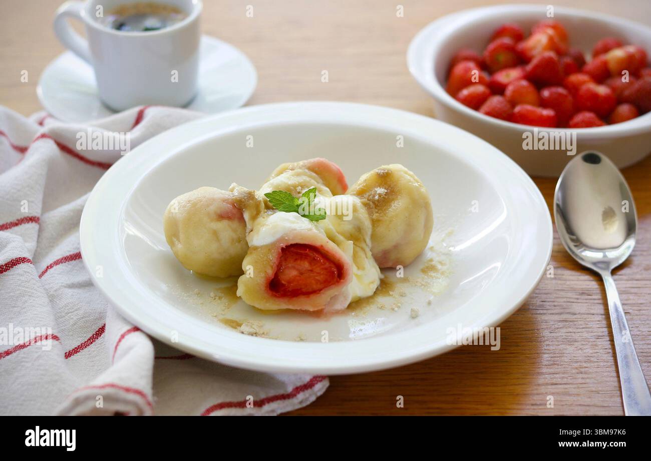 Gnocchi di fragole fatti in casa a base di impasto di quark, serviti con zucchero di canna in polvere e quark, tradizionale dessert estivo popolare in Cechia Foto Stock