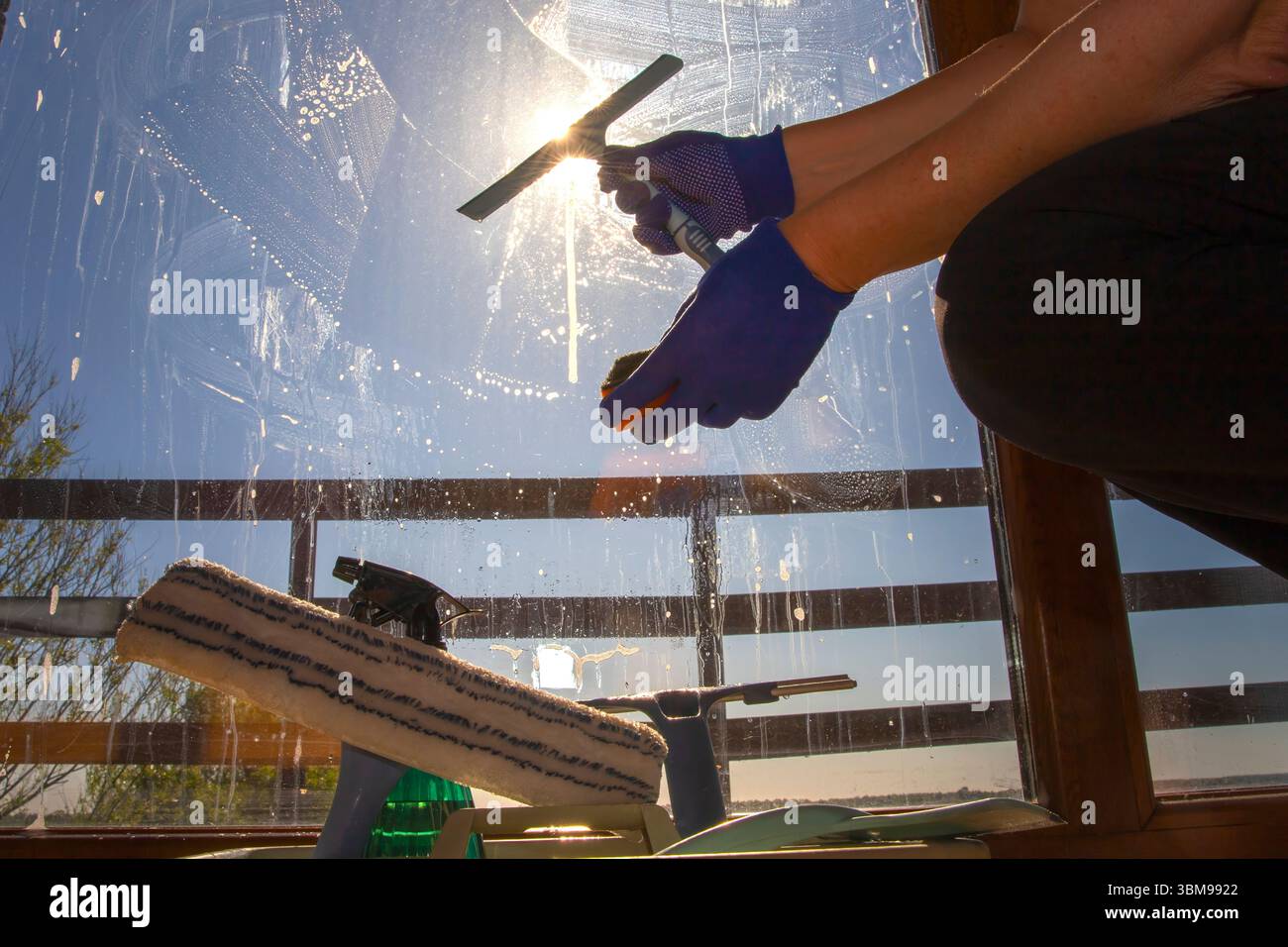 Mano da donna nella finestra di pulizia con guanto di gomma con spatola in una giornata di sole. La luce solare, le strisce di sapone e gli strumenti di pulizia creano una scena realistica di Foto Stock