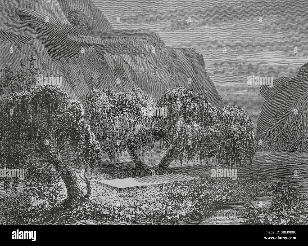 Isola di Sant'Elena, 1815. Disegno di Sargent. Incisione. Histoire du Consulat et de l'Empire (storia del Consolato e dell'Impero di Francia sotto Napoleone), di A. Thiers. Volume IV. Pubblicato a Barcellona, 1879. Foto Stock