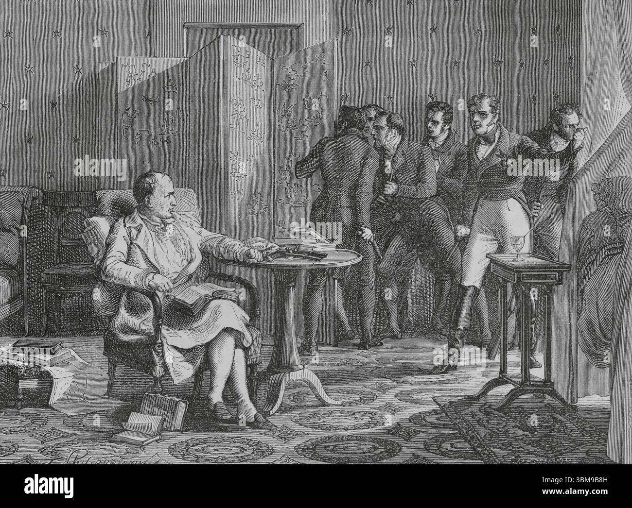 Napoleone Bonaparte (1769-1821). Leader politico e militare francese. Come Napoleone i, fu imperatore di Francia (1804-1815). Fu imprigionato e bandito dagli inglesi sull'isola di Sant'Elena, nell'Oceano Atlantico, il 15 luglio 1815. Napoleone in esilio a Sant'Elena (1815-1821), determinato a resistere con una pistola in mano, che Hudson Lowe, il governatore dell'isola, entrasse nella sua stanza, 1816. Disegno di Philippoteaux. Incisione di Deschamps. Histoire du Consulat et de l'Empire (storia del Consolato e dell'Impero di Francia sotto Napoleone), di A. Thiers. Volume IV. Pubblicato a Barcellona, 1 Foto Stock