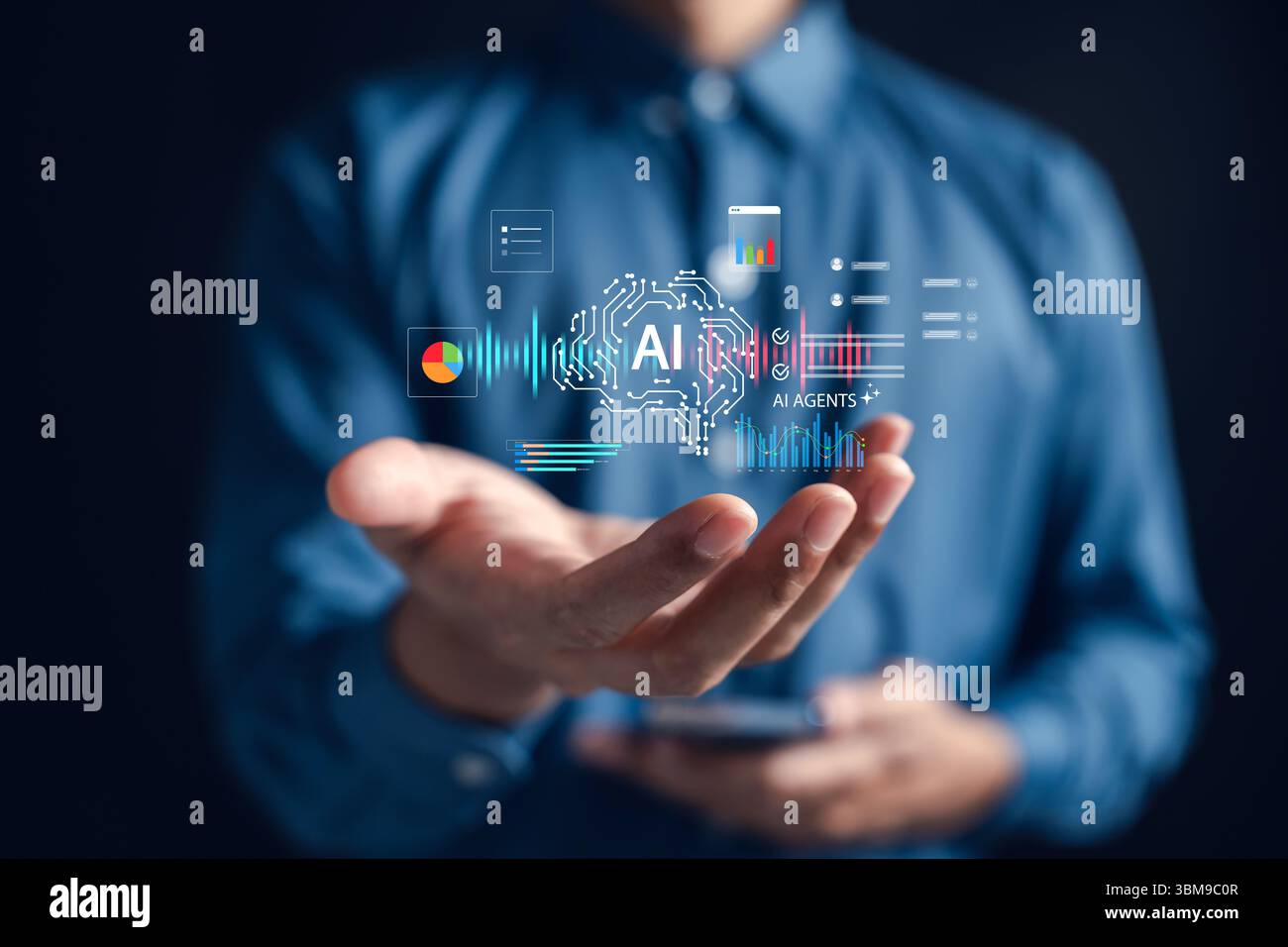 Tecnologia AI nella vita quotidiana con chat vocale, assistente chatbot e analisi dei dati di investimento. Soluzioni intelligenti per la comunicazione in tempo reale e il settore finanziario Foto Stock