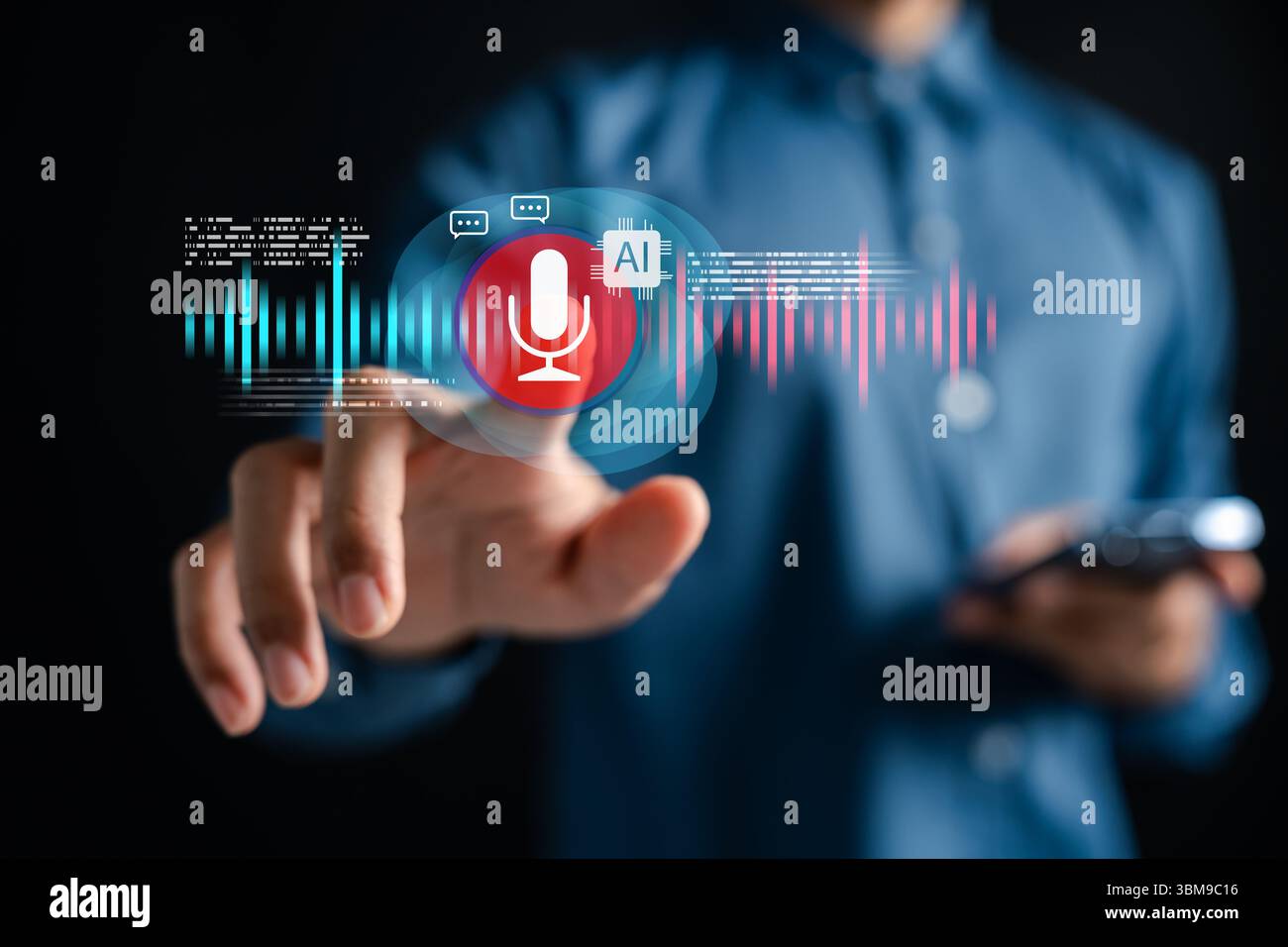 Tecnologia di comando vocale AI con microfono e onde sonore. Sistema di assistenza intelligente per l'interazione a mani libere, il riconoscimento vocale e il controllo vocale i. Foto Stock