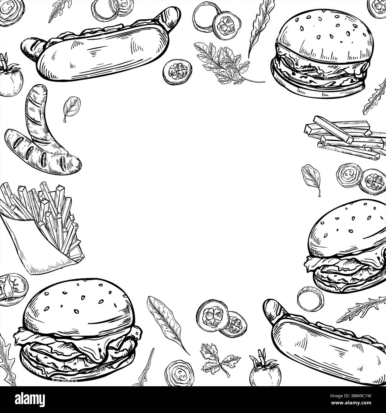 Telaio vettoriale monocromatico quadrato con fast food americano. Hotdog, hamburger, patatine fritte, salsicce grigliate, schizzi grafici di verdure. Illustrazione Vettoriale