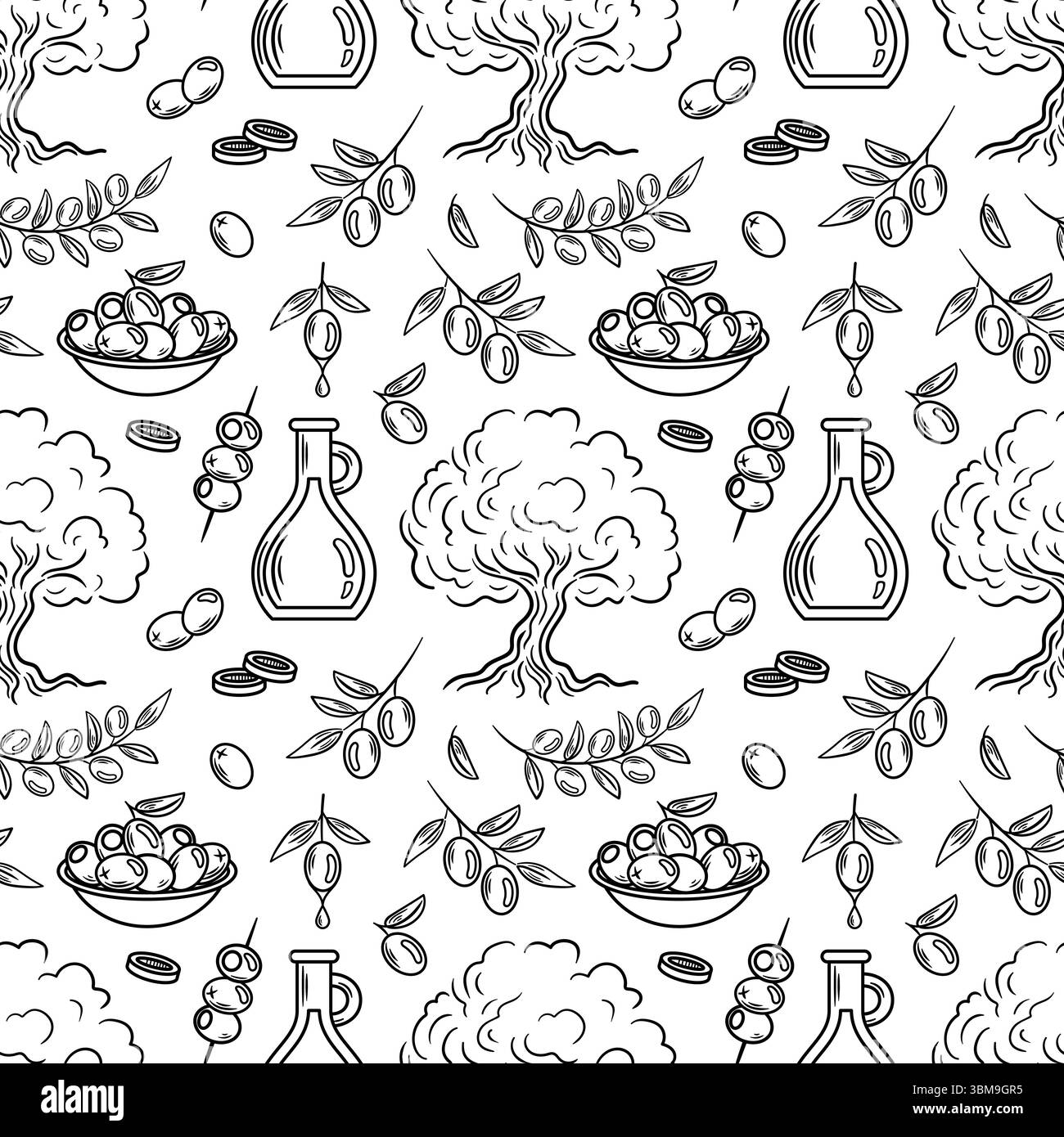 Questo motivo senza cuciture presenta olivi, bottiglie di olio e olive in un piatto, il tutto illustrato in un affascinante stile di schizzo. Perfetto per Mediterranea Illustrazione Vettoriale