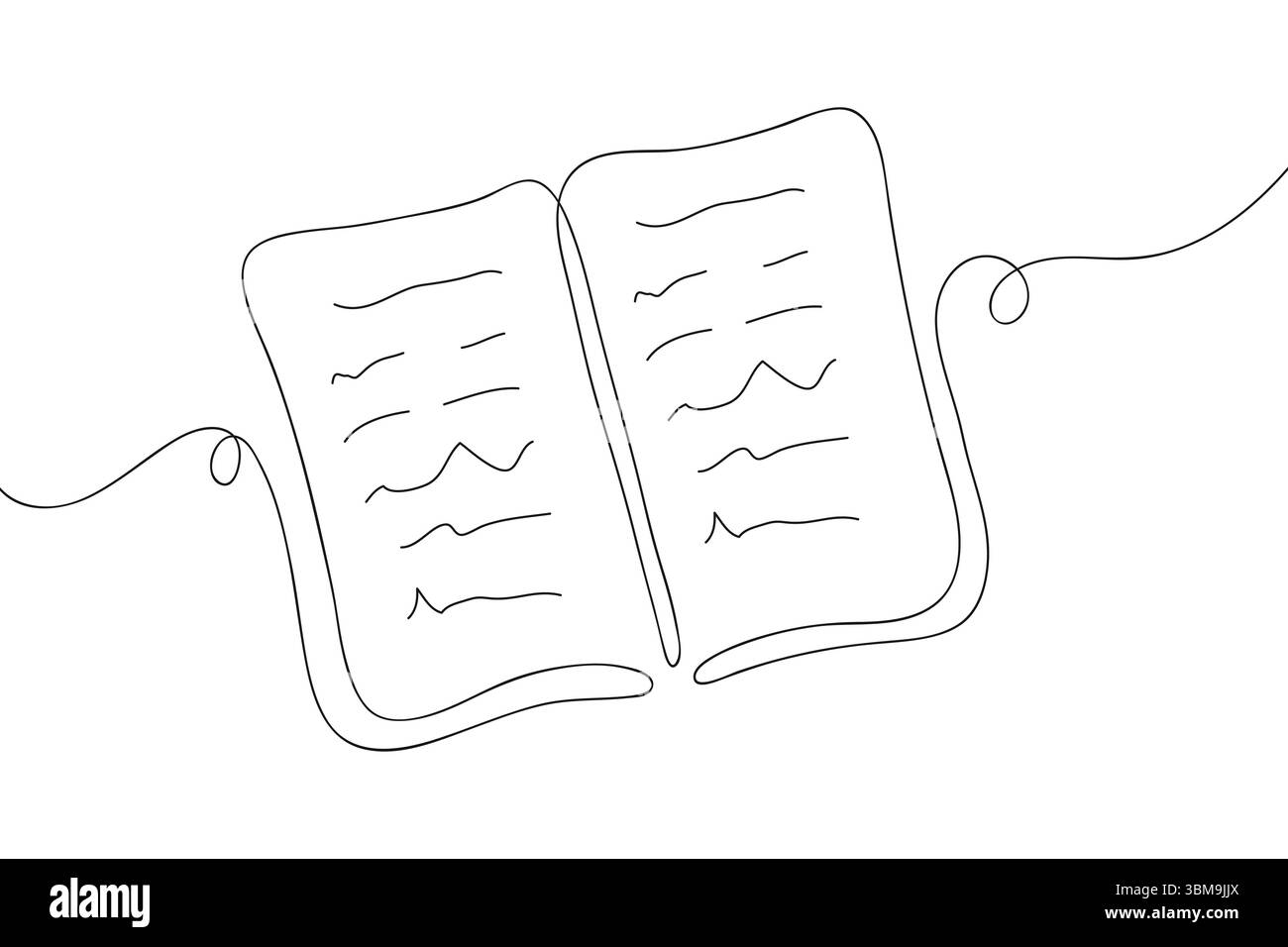 Libro aperto in stile line art. Illustrazione vettoriale di una linea continua con un libro scolastico, una cronaca, un libro di riferimento e una bibbia. Background per l'apprendimento, materie scolastiche. Illustrazione Vettoriale