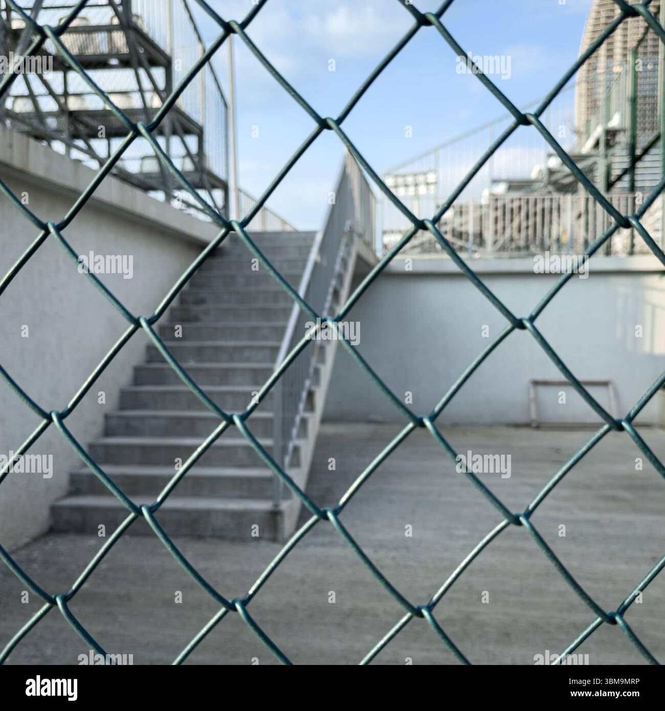 Scala in cemento incorniciata da recinzione metallica, minimalismo urbano. Visione concettuale per l'architettura, la psicologia e l'uso editoriale. Foto Stock