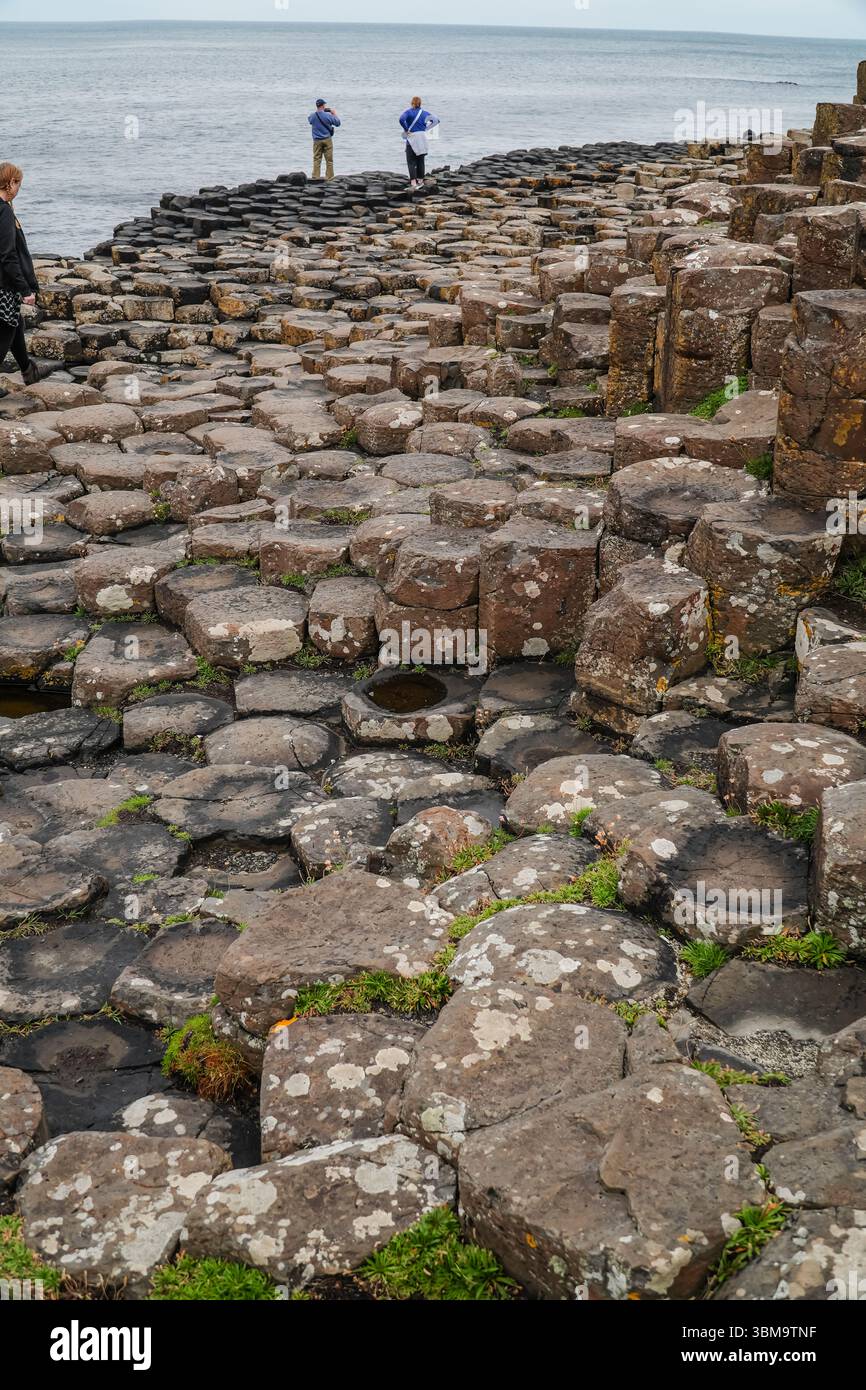 Selciato del gigante. Colonne di basalto incastrate, patrimonio dell'umanità dell'UNESCO nell'Irlanda del Nord. I turisti visitano questo formato geologico naturale unico Foto Stock