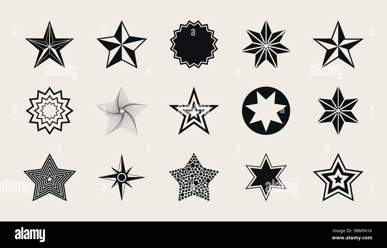 Collezione Stars. Icone vettoriali a stella. Serie nera di stelle, isolata sullo sfondo. Icona a stella. Stelle in stile moderno e semplice. Illustrazione Vettoriale