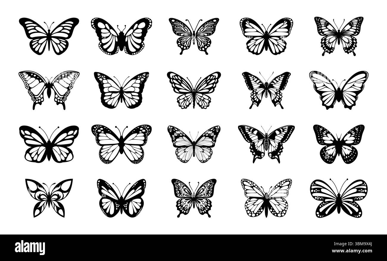 Collezione Monarch Butterfly silhouette, set di farfalle. Illustrazione vettoriale Illustrazione Vettoriale