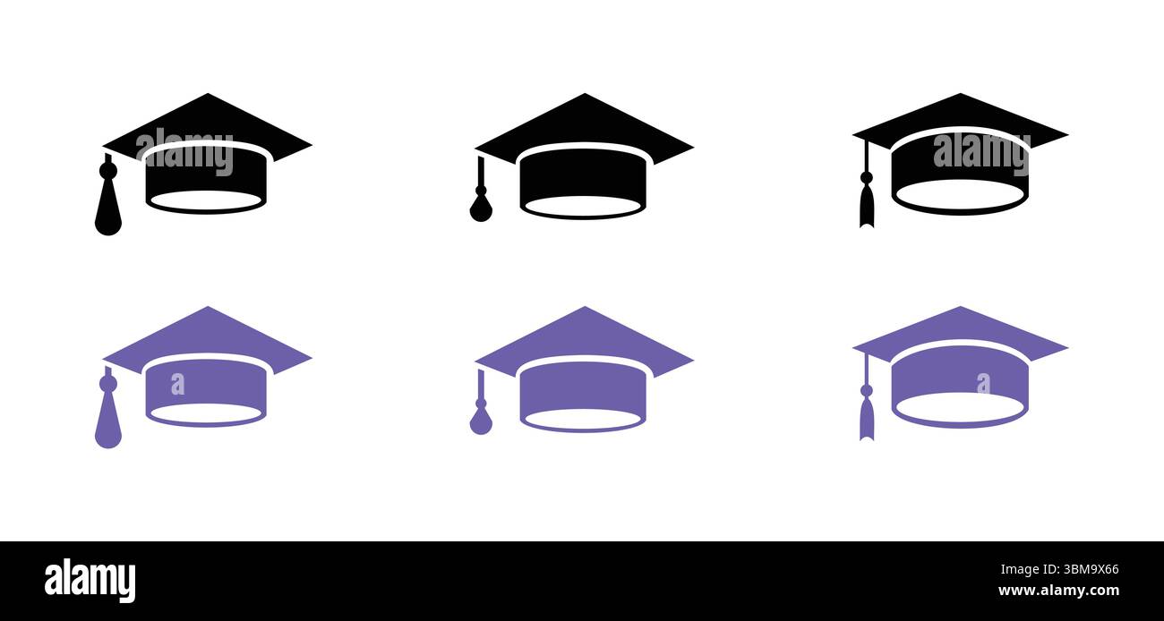 Icona del cappuccio di graduazione. versione a linea e glifo, contorno cappello studente e segno vettoriale pieno. Pittogramma accademico completo e lineare. Illustrazione Vettoriale