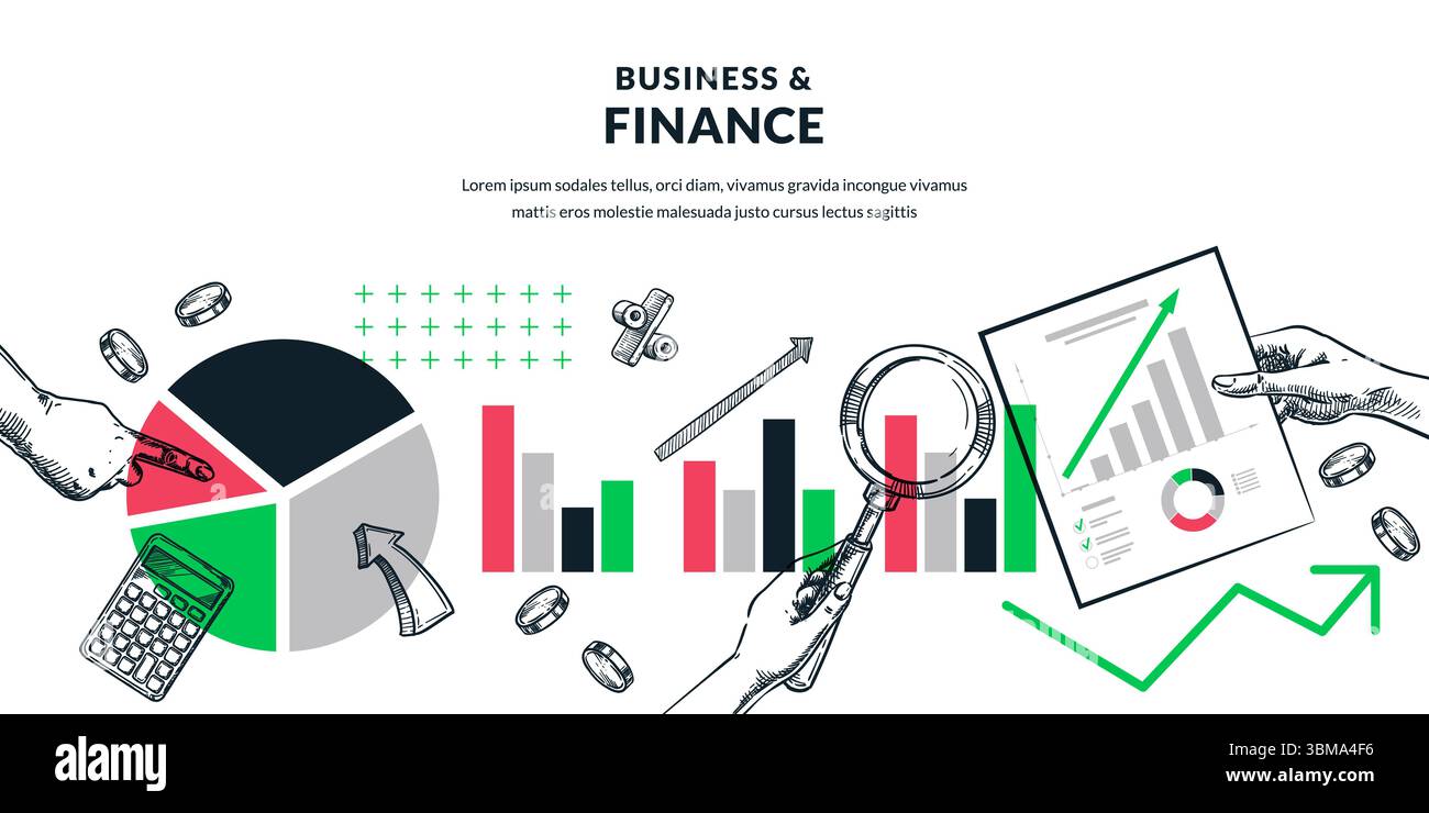 Concetto astratto di statistiche sulle imprese, investimenti e finanza. Documenti a mano, lente d'ingrandimento e grafico a torta finanziario. Analisi dei dati e team Illustrazione Vettoriale
