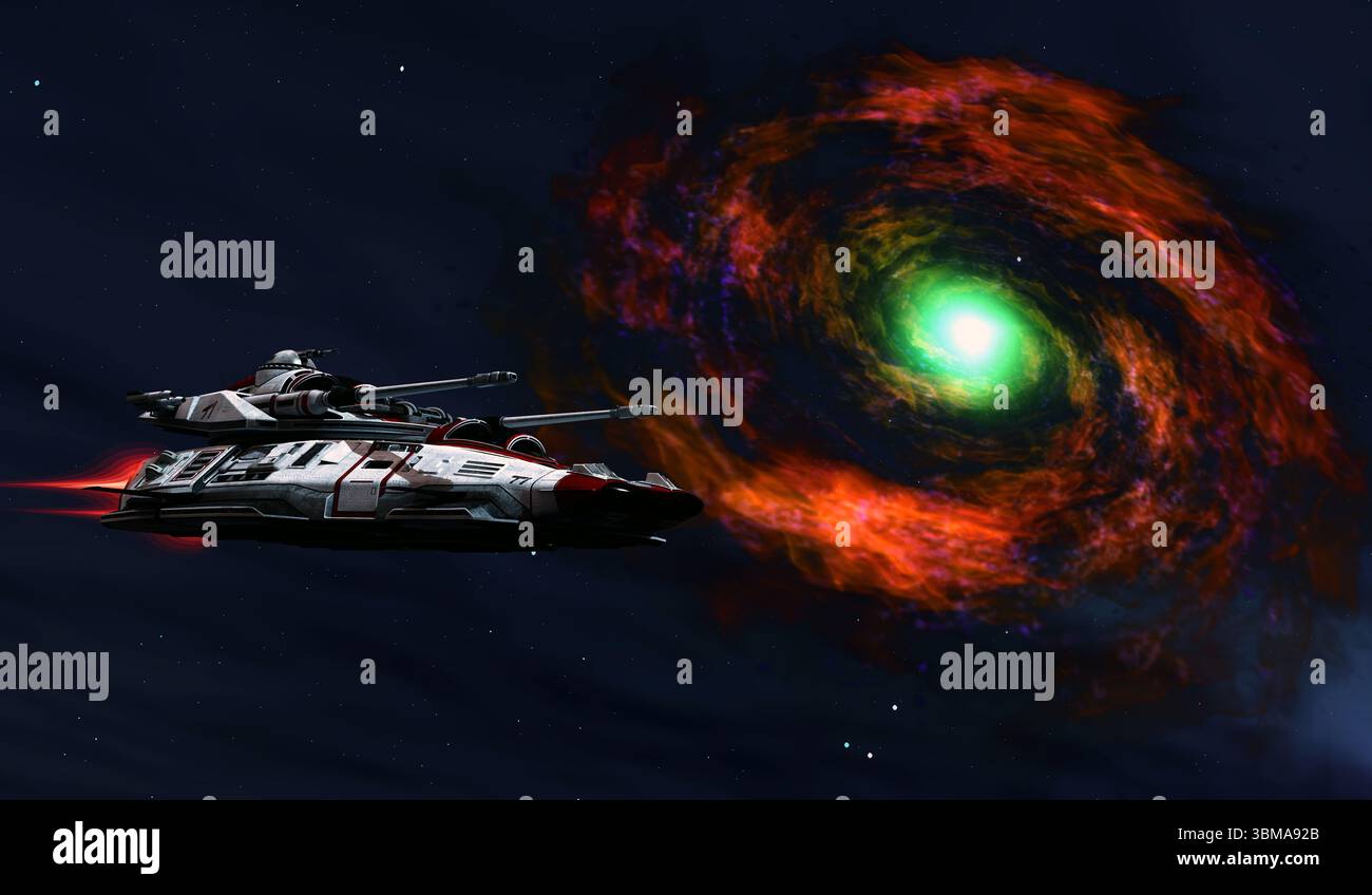 Una nave da battaglia passa davanti a un'esplosione di supernova nello spazio. Foto Stock