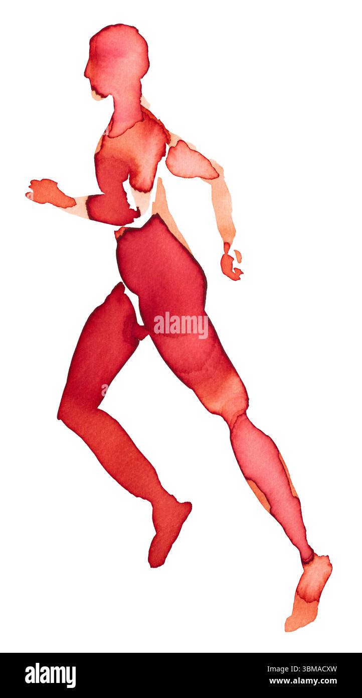 Posa da running dinamica illustrata con vivace tecnica ad acquerello rosso in movimento Foto Stock