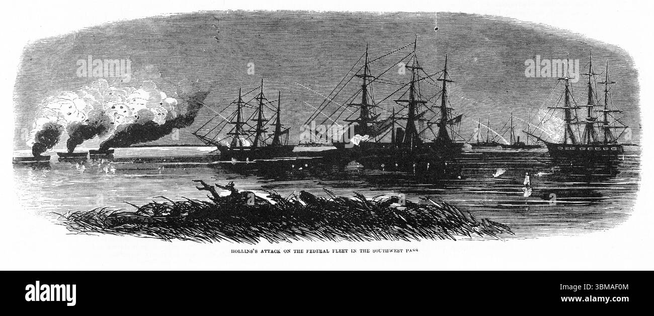 Incisione dell'attacco di Hollins alla flotta federale nel passo sud-ovest durante la guerra di secessione americana Foto Stock