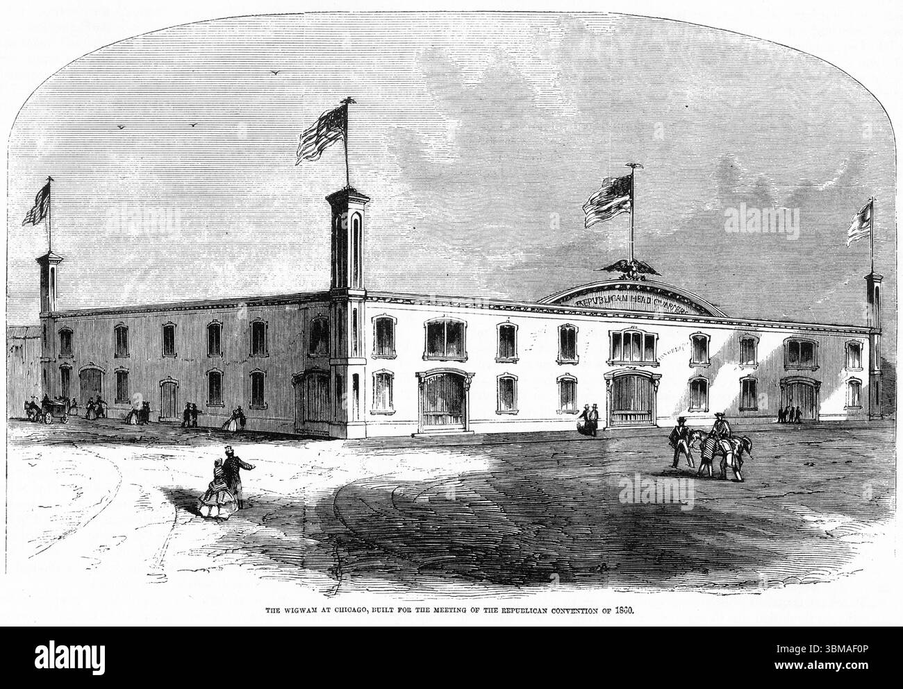 Incisione del wigwam a Chicago, costruita per la Convenzione Repubblicana del 1860 Foto Stock