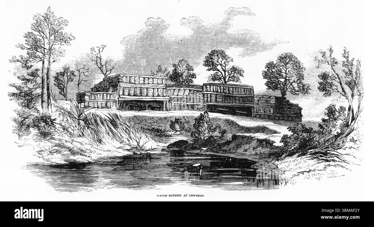 Incisione di una batteria ad acqua a Newbern durante la guerra civile americana Foto Stock