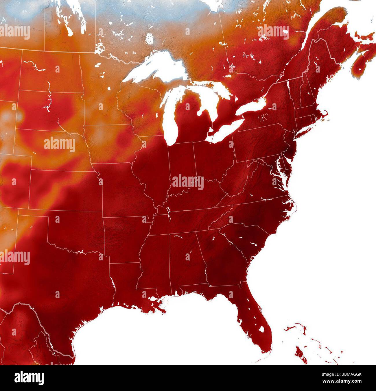 24 giugno 2025 - USA - l'inizio astronomico dell'estate è stato difficile da ignorare per decine di milioni di persone negli Stati Uniti nel 2025. Una cupola di calore ha portato diversi giorni di temperature diurne brucianti, abbinate a un'elevata umidità e notti calde, in molti stati centrali e orientali. Nuovi record di temperatura sono stati impostati in Minnesota, Maryland, Vermont e in molti altri luoghi. Questa mappa mostra le temperature dell'aria attraverso gli Stati Uniti orientali il 24 giugno 2025, alle 14:00 ora orientale, modellate a 2 metri (6,5 piedi) dal suolo. È stato prodotto combinando osservazioni satellitari con tempera Foto Stock
