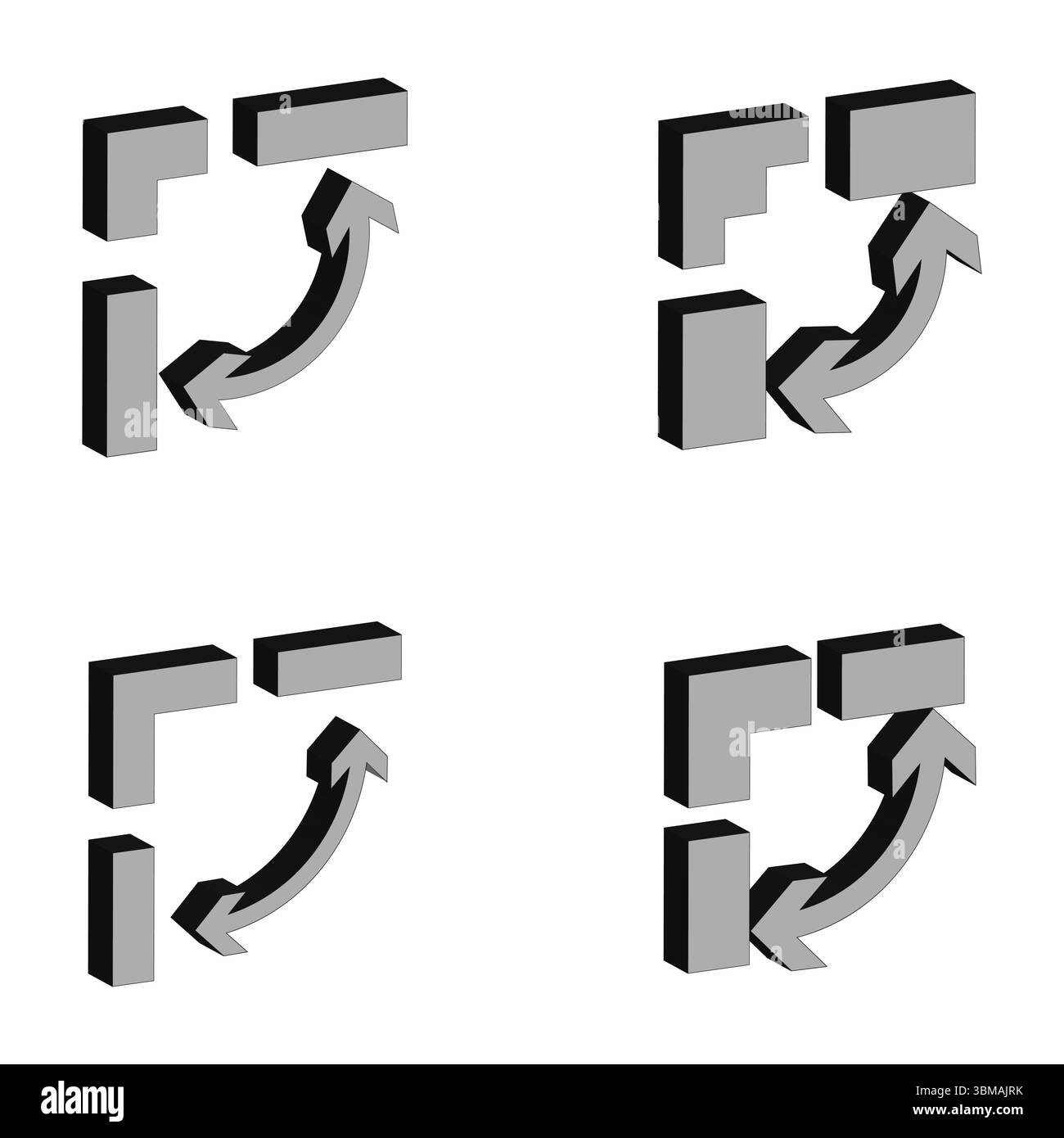 Icone delle frecce di zoom. Espandere i simboli di rotazione. Ridimensionamento degli elementi dell'interfaccia. Illustrazione vettoriale. Illustrazione Vettoriale