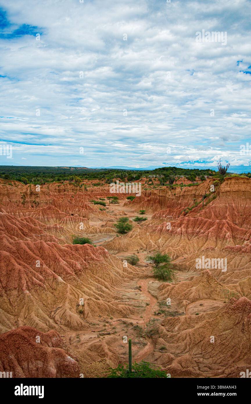 Splendida vista del deserto Tatacoa a Huila, Colombia, con il suo terreno rosso unico e il cielo vivido. Foto Stock
