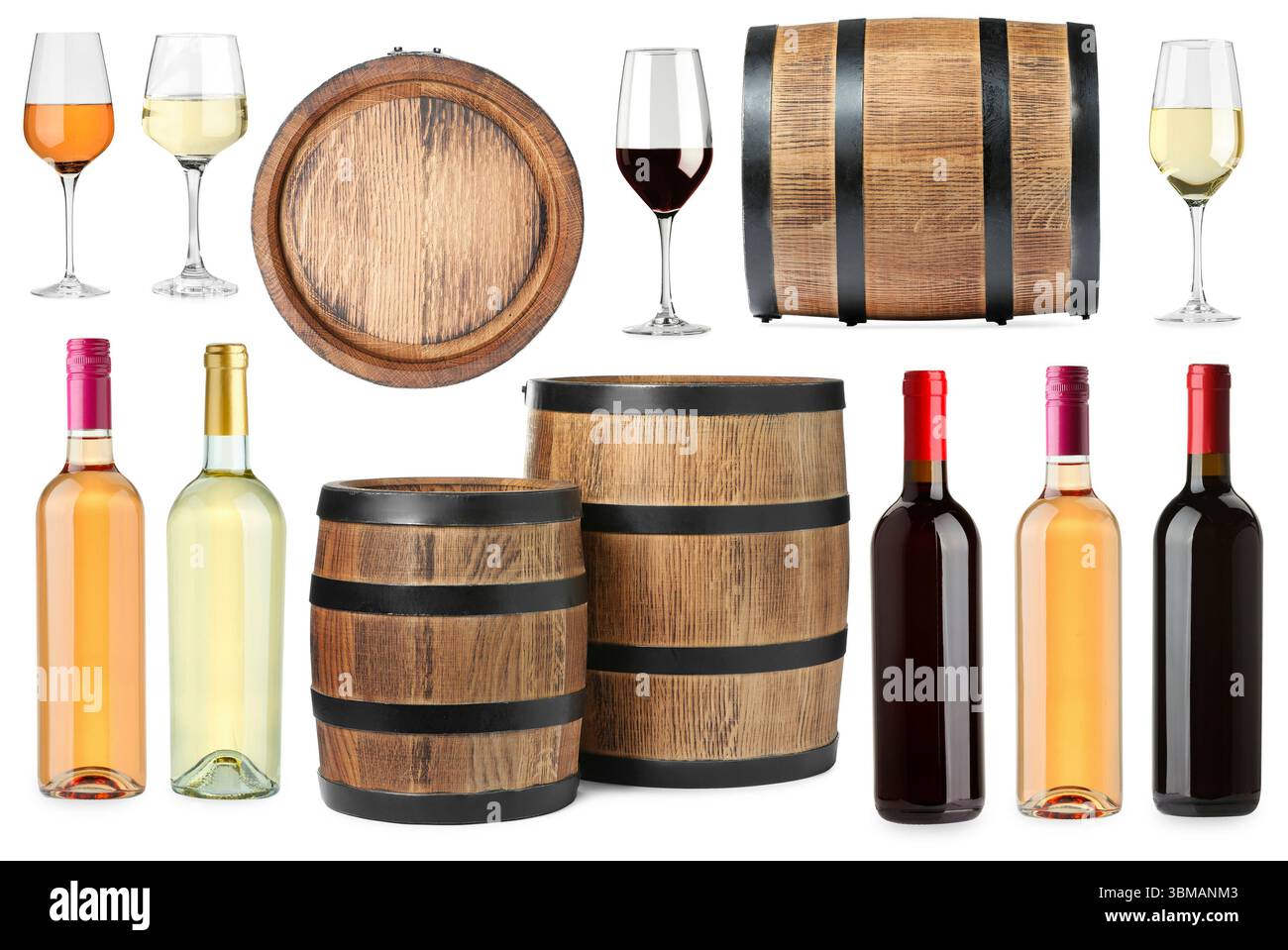 Diversi tipi di vino, set. Bottiglie, bicchieri e fusti isolati su bianco Foto Stock