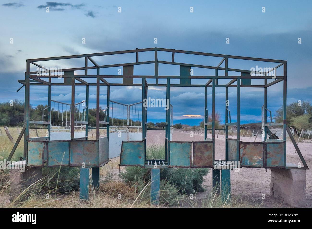 Un meccanismo di partenza fatiscente per le corse di cavalli si trova nella campagna argentina vicino a Fiambala, Catamarca, con una vegetazione ricoperta che vi suggerisce Foto Stock