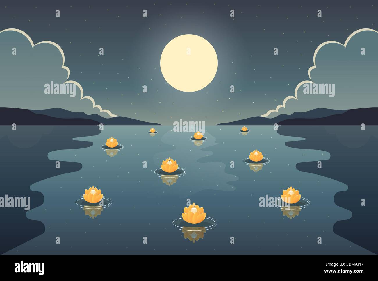 Tranquilla scena notturna sul fiume con le Lanterne e il vettore lunare. Illustrazione Vettoriale