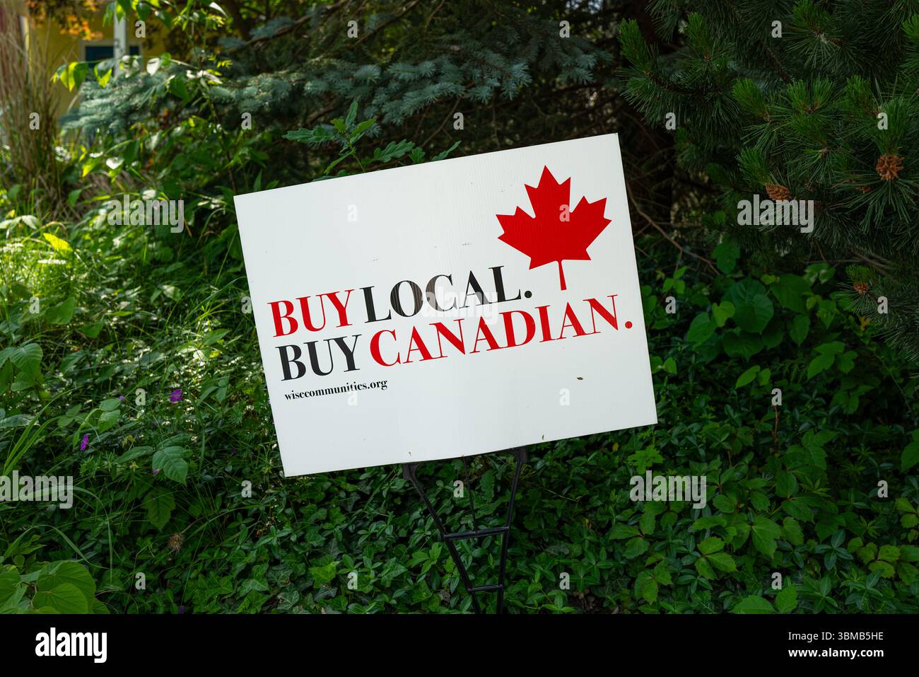 "Un cartello "Buy Local, Buy Canadian" in un cortile anteriore promuove il sostegno alle imprese canadesi nel mezzo di conversazioni in corso sull'autosufficienza economica. Foto Stock