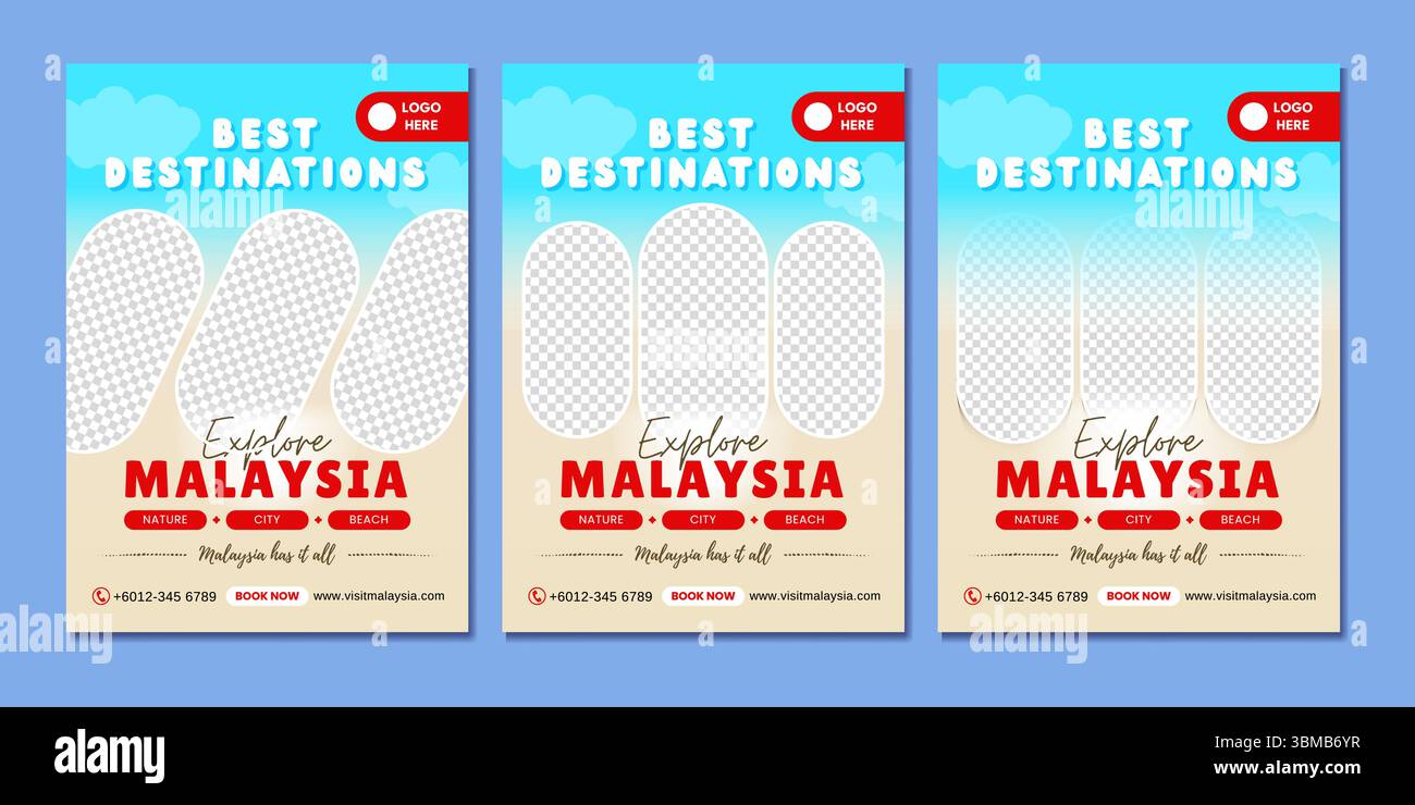 Poster di viaggio modificabili che promuovono le migliori destinazioni della Malesia con cornici fotografiche per la natura, la città e la spiaggia, perfetti per annunci turistici e social media. Illustrazione Vettoriale