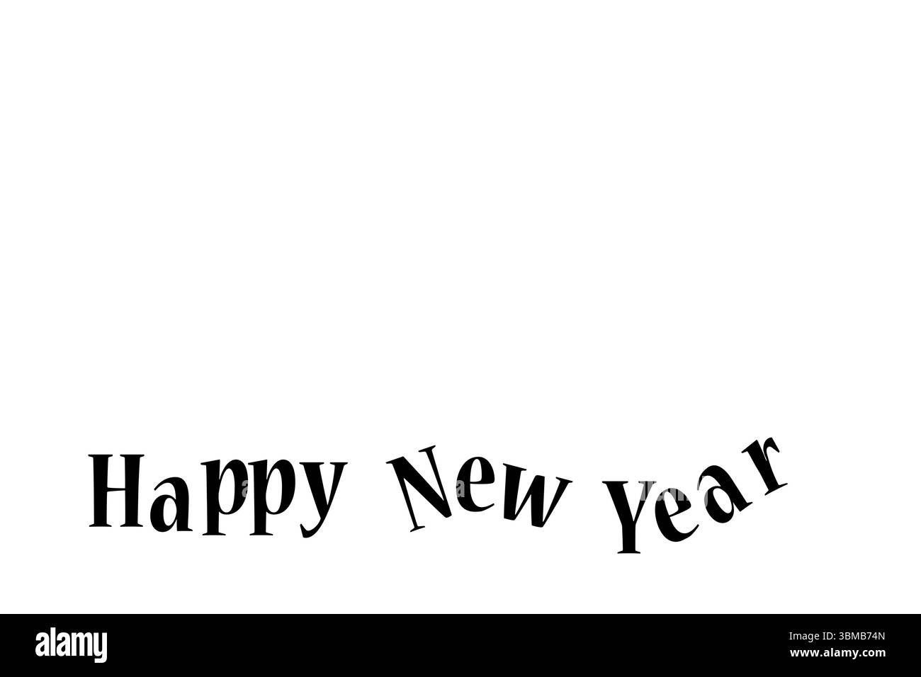 Il testo curvo nero stilizzato Happy New Year scorre su un ampio sfondo bianco dal design piatto Foto Stock