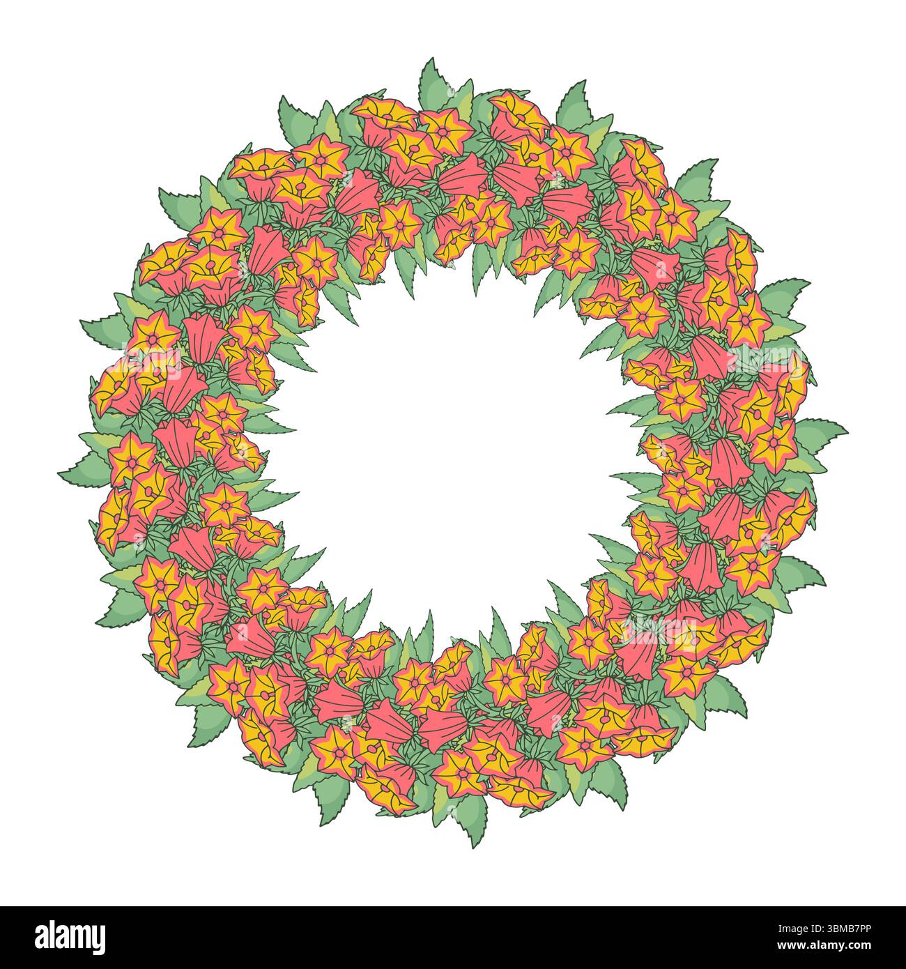 Arte di linea disegnata a mano Isole canarie fiori corona di fiori di campana. Modello per carte con graziosa cornice floreale Illustrazione Vettoriale